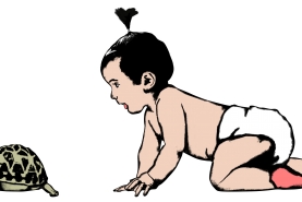 illustratie Kind en Gezin Buitenbaby kruipt achter een schildpad