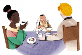 illustratie Kind en Gezin baby eet aan tafel met ouders en morst