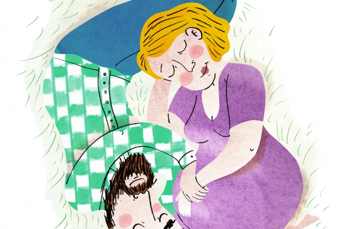 Illustratie van toekomstige ouders, mama, papa, zwanger, knuffel, verwachting