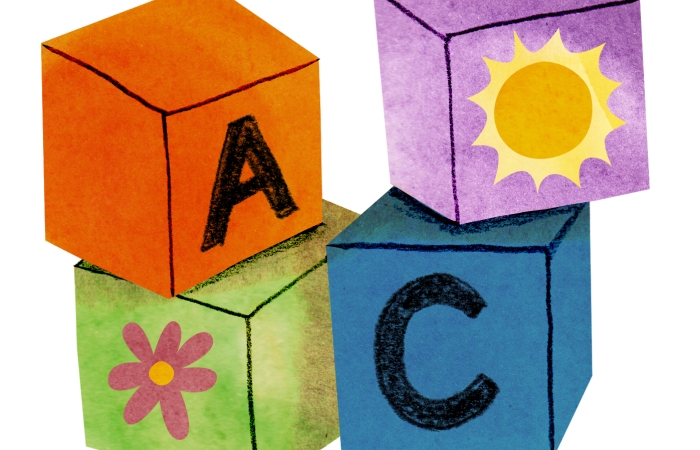 Illustratie van speelblokken met letter A, letter C, een bloem en een zon