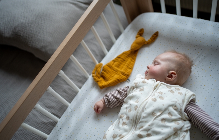 baby slaapt in slaapzak met knuffeldoekje