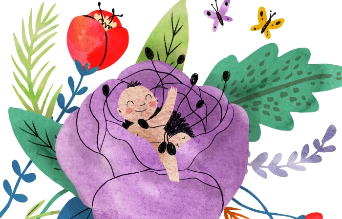 Illustratie van een baby in een bloem