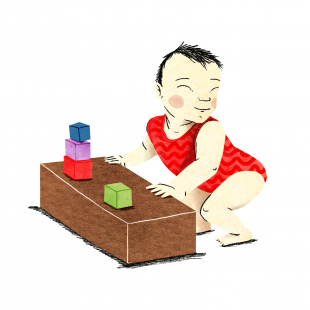 Illustratie van een baby die rechtstaat en speelt met gekleurde blokjes in een toren