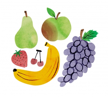 illustratie fruit: peer, banaan, druiven, aardbei, appel, kers