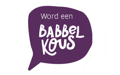 Paarse tekstballon met tekst 'word een babbelkous'