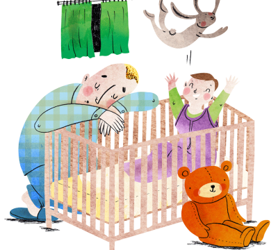 Een peuter wil niet slapen en speelt in bed