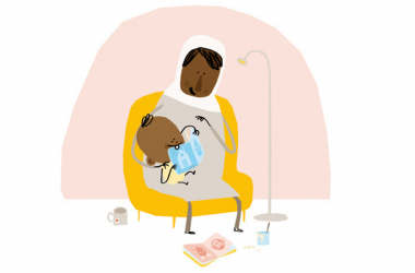 Illustratie Boekstart blopjes mama leest voor aan baby op schoot