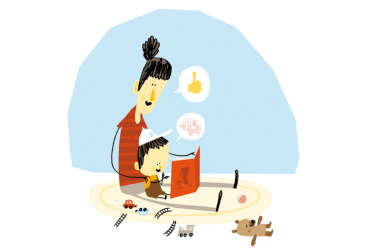 Illustratie Boekstart blopjes mama leest voor aan kindje op speelmat