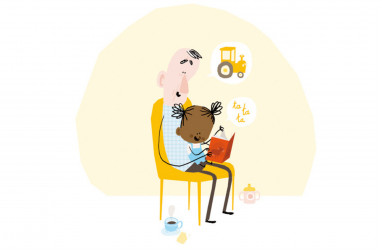 Illustratie Boekstart blopjes opa leest voor aan kindje op stoel