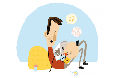 Illustratie Boekstart blopjes papa leest voor aan baby op de schoot