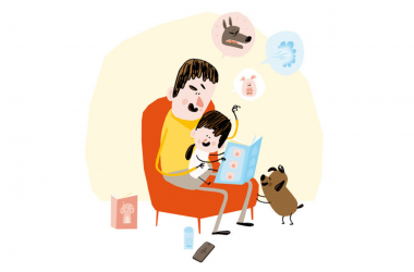 Illustratie Boekstart blopjes papa leest voor aan kind met gebaren en geluiden