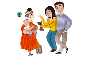Illustratie van ouders die hun kindje bij onthaalmoeder brengen