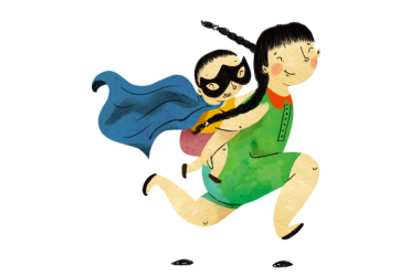 Illustratie van een vrouw die speelt met een kindje op de rug