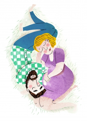 Illustratie van toekomstige ouders, mama, papa, zwanger, knuffel, verwachting