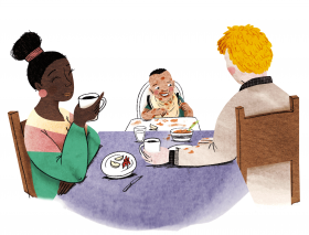 illustratie Kind en Gezin baby eet aan tafel met ouders en morst