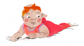 illustratie Kind en Gezin baby met strikje in buiklig positie