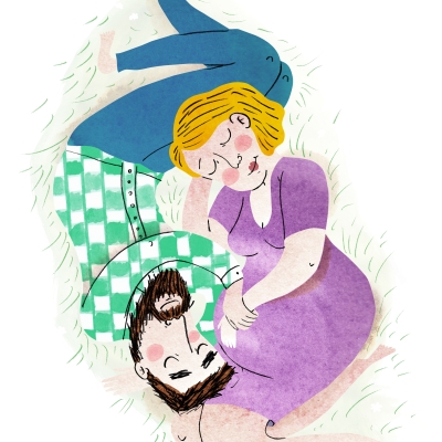Illustratie van toekomstige ouders, mama, papa, zwanger, knuffel, verwachting