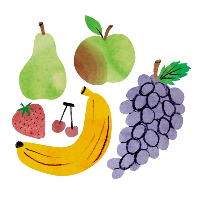 illustratie fruit: peer, banaan, druiven, aardbei, appel, kers
