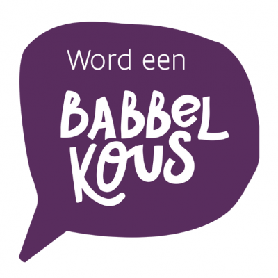 Paarse tekstballon met tekst 'word een babbelkous'