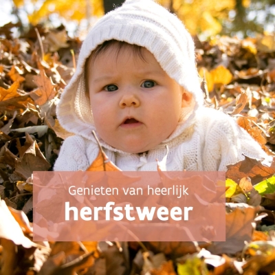 baby met muts zit in bos herfstbladeren