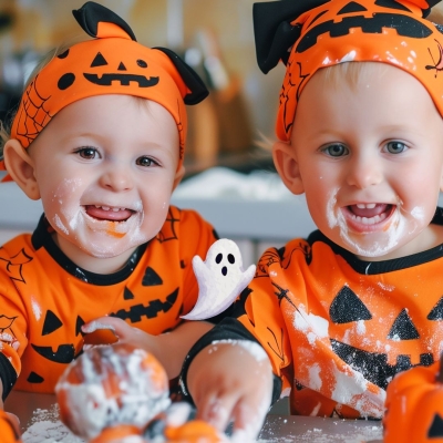 twee jongens verkleed halloween in keuken vuile mond