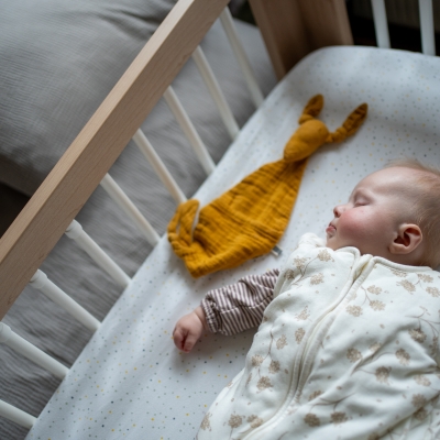 baby slaapt in slaapzak met knuffeldoekje
