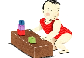 Illustratie van een baby die rechtstaat en speelt met gekleurde blokjes in een toren
