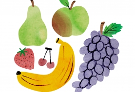 illustratie fruit: peer, banaan, druiven, aardbei, appel, kers