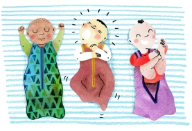 illustratie 3 slapende baby's in slaapzak in verschillende slaaphoudingen