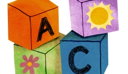 Illustratie van speelblokken met letter A, letter C, een bloem en een zon
