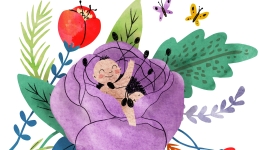 Illustratie van een baby in een bloem